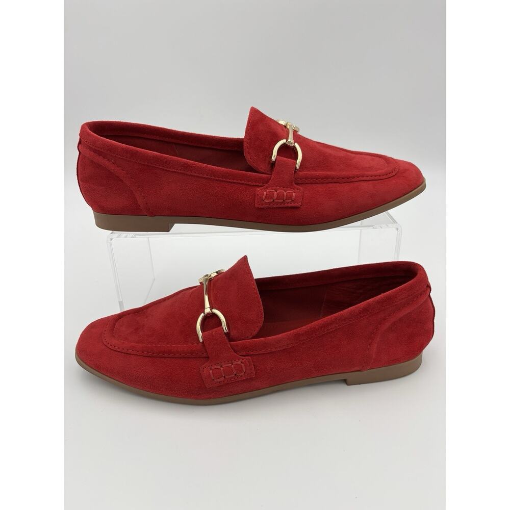 Steve Madden Suede Loafers Bright Red Size 9 Gold Horsebit Flats - Picture 3 of 16
